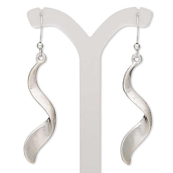 Earring, imitation rhodium-plated brass and "pewter" (zinc-based alloy), 2 inches with brushed twist and fishhook ear wire. Sold per pair. image number 0