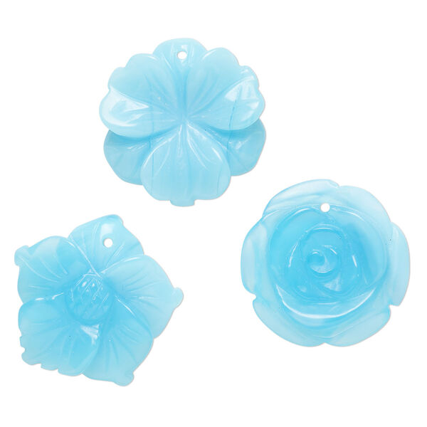 Drop mix, glass, translucent light blue, 30x26mm-31x30mm top-drilled carved flower. Sold per pkg of 3. image number 0