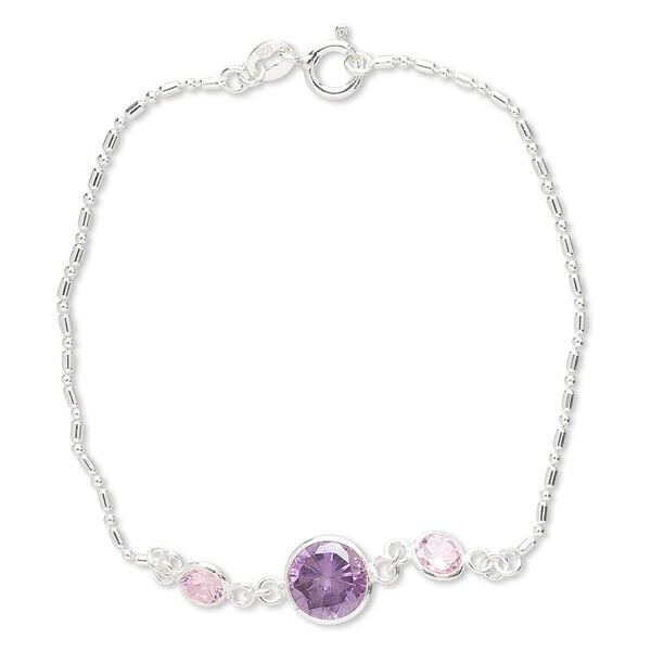 Bracelet, cubic zirconia and sterling silver, pink and dark amethyst purple, 5mm and 8mm faceted round, 7 inches with springring clasp. Sold individually. image number 0