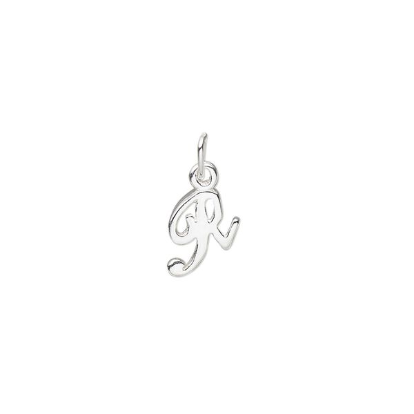 Charm, sterling silver, 9x7mm Champagne cursive alphabet letter "R." Sold individually. image number 0