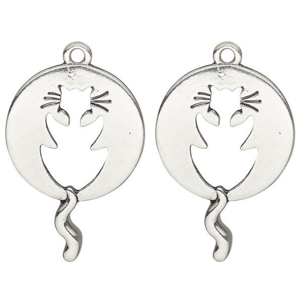 Focal, antique silver-finished "pewter" (zinc-based alloy), 30x20mm round single-sided cutout cat. Sold per pkg of 2. image number 0