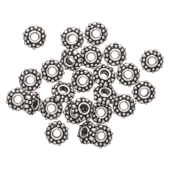 Bead, antique silver-finished "pewter" (zinc-based alloy), 10x4mm beaded rondelle. Sold per pkg of 25. image number 0