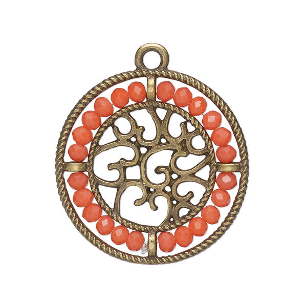 Drop, glass and antique brass-finished "pewter" (zinc-based alloy), salmon pink, 28mm round with hearts and beaded border. Sold per pkg of 2. image number 0