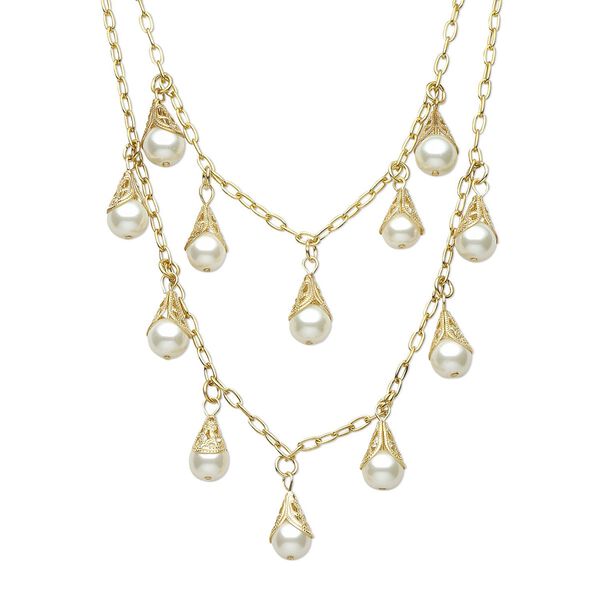 Necklace, acrylic with gold-finished steel and pewter (tin-based alloy), white, 10mm round, 18 inches with 3-inch extender chain and lobster claw clasp. Sold individually. image number 0