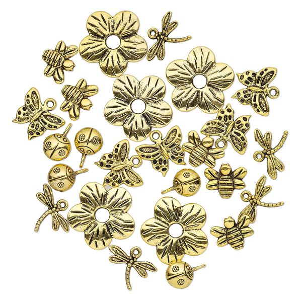 Bead and charm, antique gold-finished "pewter" (zinc-based alloy), 9x9mm-23x23mm assorted single- and double-sided insect and flower. Sold per pkg of 25. image number 0