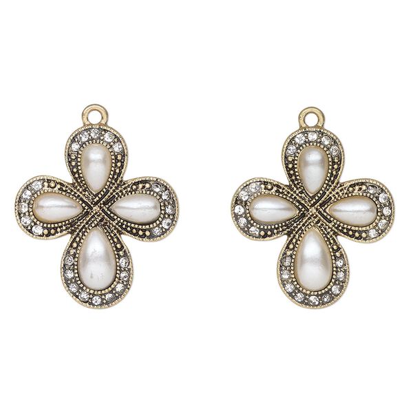 Drop, antique gold-finished "pewter" (zinc-based alloy), acrylic pearl and glass, clear and white, 29x26mm cross. Sold per pkg of 2. image number 0
