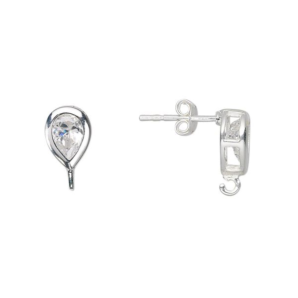 Earstud 1pkg2 sterling silver / cubic zirconia, 10x7mm faceted teardrop / open loop, clear 1 pair image number 0