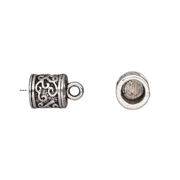 Cord end, glue-in, antique silver-finished "pewter" (zinc-based alloy), 9x8mm fancy barrel, 5.5mm inside diameter. Sold per pkg of 4. image number 0