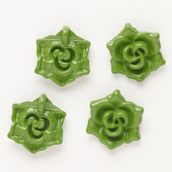 Charm, "pewter" (zinc-based alloy) and enamel, pkg/4, green, 18x16mm flower with hidden loop. image number 0