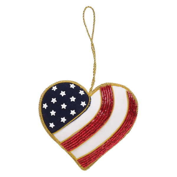 Ornament, gold-finished copper / velveteen / plastic, red / white / blue, 3-4/5 x 3-1/2 inch single-sided heart with stars and stripes design and glass beads. Sold individually. image number 0