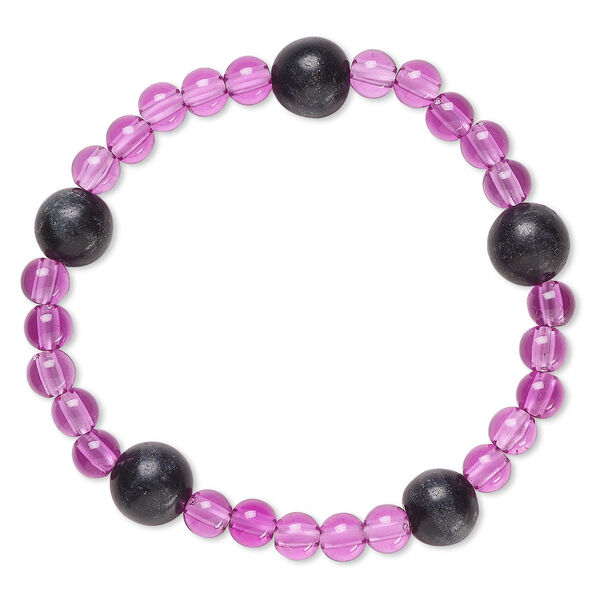 Bracelet, stretch, blackstone (dyed) and acrylic, purple, 5mm and 9-10mm round, 6 inches. Sold individually. image number 0