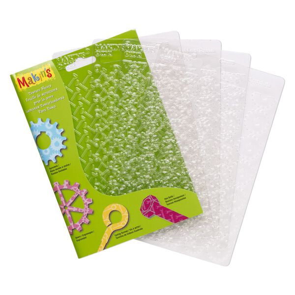 Texture plate, Makin's®, plastic, clear, 6-1/4 x 4-1/2 inch textured rectangle with assorted steampunk patterns. Sold per 4-piece set. image number 0