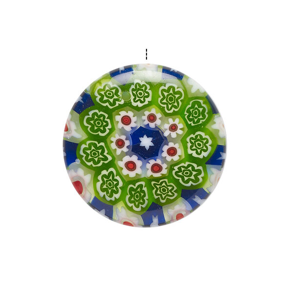 Drop, millefiori glass, translucent multicolored, 24-26mm top-drilled puffed flat round with flower and tree design. Sold individually. image number 0