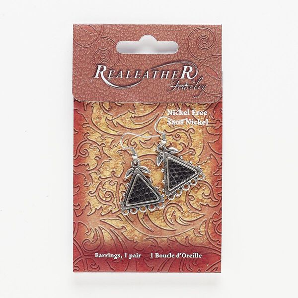 Ear wire fishhook 1pkg2 "pewter" (zinc-based alloy), 1.5-1.75 inch / triangle / leaf design / double-sided / 5 loop, antique silver-finished / faux lizard leather / black 1 pair image number 0