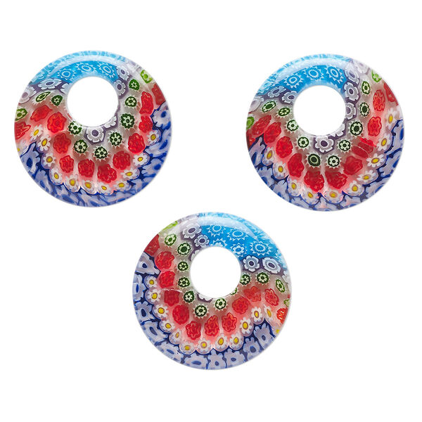 Component, millefiori glass, translucent multicolored,24-26mm undrilled go-go with flower design. Sold per pkg of 3. image number 0