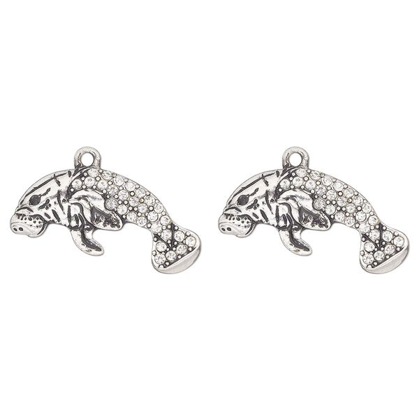 Focal, antique silver-finished "pewter" (zinc-based alloy) and glass, clear and black, 30x14mm single-sided manatee. Sold per pkg of 2. image number 0