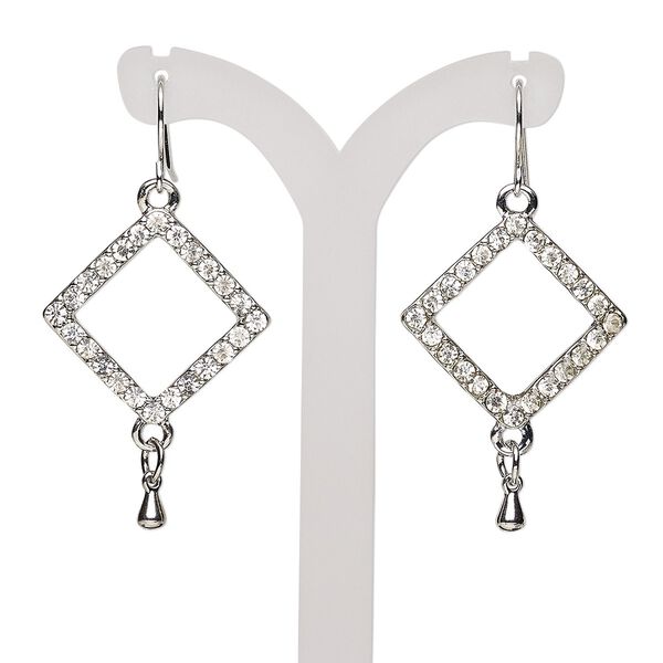 Earring, glass rhinestone with imitation rhodium-finished steel and "pewter" (zinc-based alloy), clear, 2 inches with open diamond and fishhook ear wire. Sold per pair. image number 0