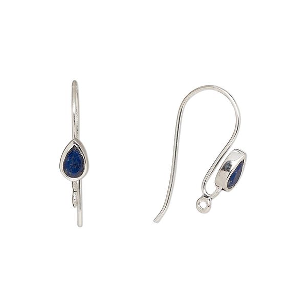 Ear wire fishhook 1pkg2 sterling silver / lapis lazuli (natural), 16mm / 6x4mm teardrop / hand-cut / closed loop, 22 gauge 1 pair image number 0