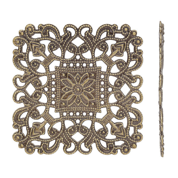 Focal, antique brass-finished brass, 40x40mm filigree square. Sold per pkg of 4. image number 0