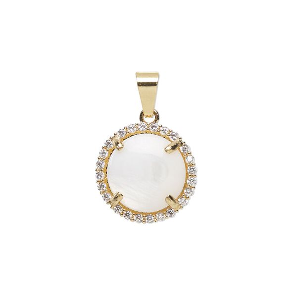 Pendant, glass rhinestone / mother-of-pearl shell / gold-finished brass, clear and white, 15mm single-sided round. Sold individually. image number 0