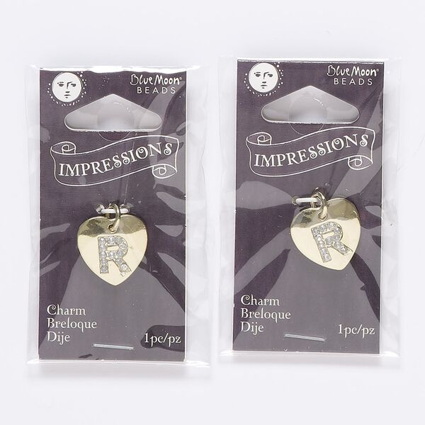 Charm, gold-finished "pewter" (zinc-based alloy), / steel / acrylic rhinestone, clear, 15.5x15mm single-sided puffed heart with letter "R." Sold per pkg of 2. image number 0