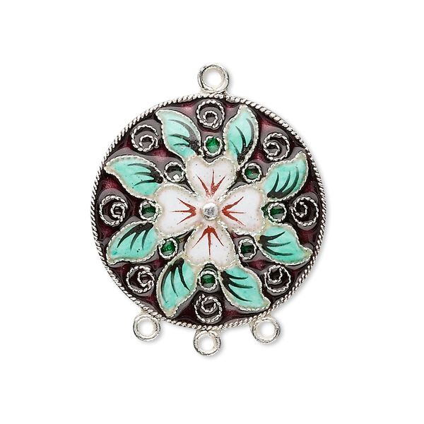 Drop, sterling silver with cloisonné, purple with white flower and green leaves, 25mm round with 3-loops. Sold individually. image number 0