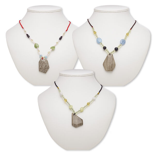 Multi-gemstone / acrylic / glass 1pkg3, freeform pendant necklace mix continuous loop 20 inch 32x27mm-48x36mm image number 0