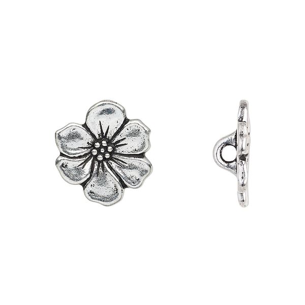Button, TierraCast®, antique silver-plated pewter (tin-based alloy), 15x14mm flower with loop. Sold per pkg of 20. image number 0