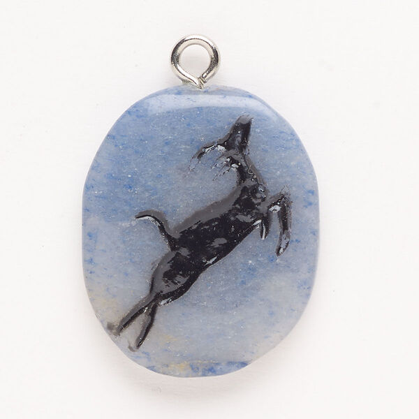 Focal, steel/blue aventurine (natural)/enamel, pkg/1, silver finish and black, 32x26mm single-sided puffed freeform with jumping deer, B- grade. image number 0