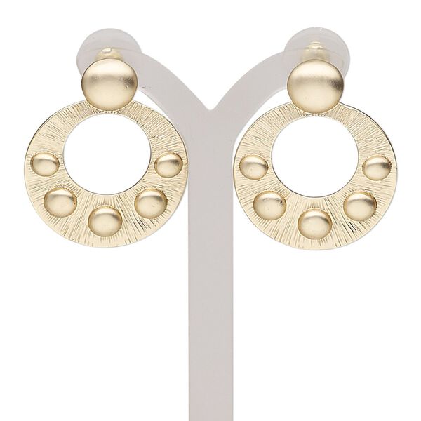 Earring, stainless steel and gold-finished "pewter" (zinc-based alloy), 1-1/2 inches with matte round go-go and post. Sold per pair. image number 0