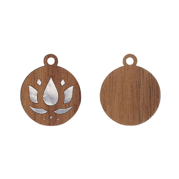 Drop, black walnut (natural) and aluminum foil, 15mm single-sided laser-cut round with lotus design. Sold per pkg of 2. image number 0