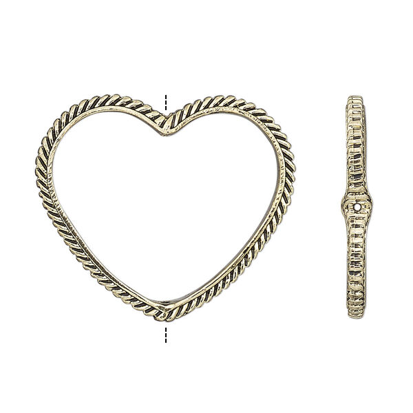 Bead frame, antique gold-finished "pewter" (zinc-based alloy), 28x24mm open heart with rope edge, fits up to 16mm bead. Sold per pkg of 2. image number 0