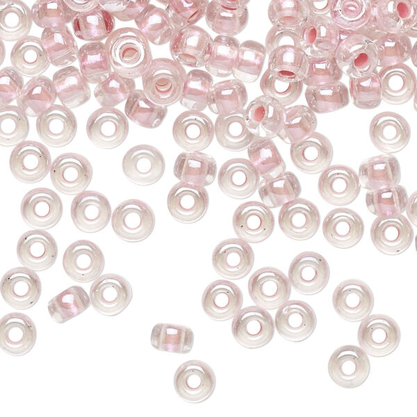 Seed bead, Miyuki, glass, pkg/250g, #6 rocaille, translucent pink-lined pearlized crystal clear, (RR-4607). image number 0