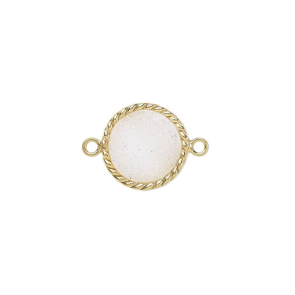 Link, druzy agate (dyed) and gold-plated sterling silver, white, 14-16mm hand-cut single-sided flat round with twisted wire design. Sold individually. image number 0
