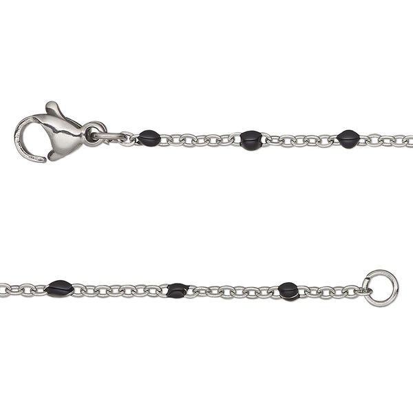 Chain, stainless steel and enamel, black, 1.7mm flat cable with 2mm ball, 16 inches with lobster claw clasp. Sold individually. image number 0
