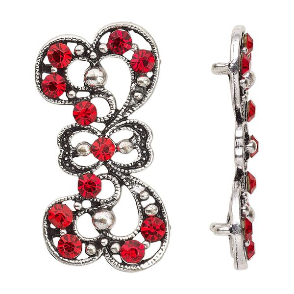 Spacer, antiqued silver-finished "pewter" (zinc-based alloy) and Czech glass rhinestone, light Siam, 37x17mm 2-strand fancy bow. Sold per pkg of 4. image number 0