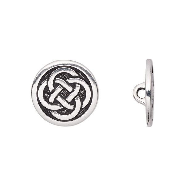 Button, TierraCast®, antique silver-plated pewter (tin-based alloy), 16mm flat round with Celtic knot and loop. Sold per pkg of 20. image number 0