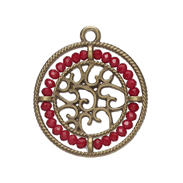 Drop, glass and antique brass-finished "pewter" (zinc-based alloy), dark red, 28mm round with hearts and beaded border. Sold per pkg of 2. image number 0