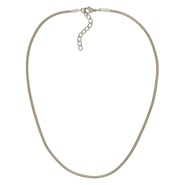 Necklace cord, leather and imitation rhodium-plated brass and steel, taupe, 2mm round, 16 inches with 2-inch extender chain and lobster claw clasp. Sold per pkg of 6. image number 0