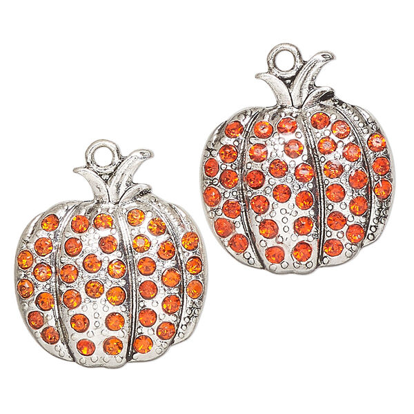 Charm, antique silver-finished "pewter" (zinc-based alloy) and glass, orange, 25x23mm single-sided pumpkin. Sold per pkg of 2. image number 0