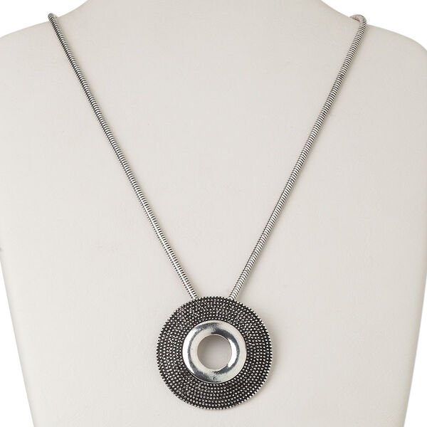 Necklace, antiqued silver-finished "pewter" (zinc-based alloy) and steel and/or brass, 53mm beaded open flat round, 20 inches with lobster claw clasp and 3-1/2 inch extender chain. Sold individually. image number 0