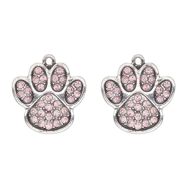 Charm, antique silver-finished "pewter" (zinc-based alloy) and glass, pink, 24x23mm single-sided paw print. Sold per pkg of 2. image number 0