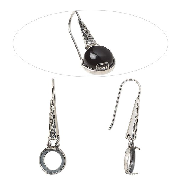 Earring fishhook 1pkg2 sterling silver, 39mm / fancy dot design / 10mm round 2-prong open back cab setting, 20 gauge antiqued 1 pair image number 0