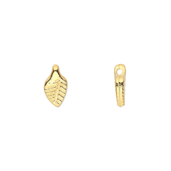 Charm, gold-finished "pewter" (zinc-based alloy), 11x6mm side-drilled double-sided leaf. Sold per pkg of 100. image number 0