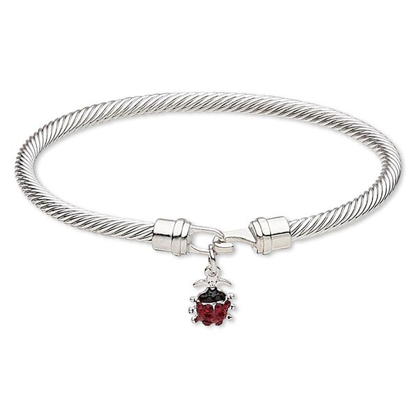 Bracelet, bangle, enamel / Czech glass rhinestone / silver-plated brass / "pewter" (zinc-based alloy), red and black, 4mm twisted cable with 13x9mm ladybug, 7-1/2 inches with hook-and-eye clasp. Sold individually. image number 0