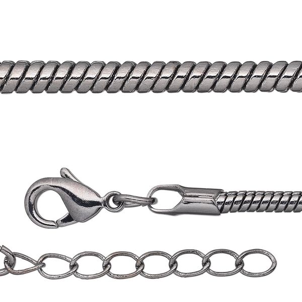 Chain, gunmetal-plated brass, 2.5mm snake, 7-1/2 inches with 1-1/4 inch extender chain and lobster claw clasp. Sold per pkg of 6. image number 0