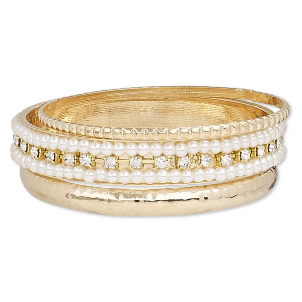 Bracelet, bangle, acrylic pearl / glass rhinestone / gold-finished steel, white and clear, 3-13mm wide, 8 inches. Sold per 3-piece set. image number 0