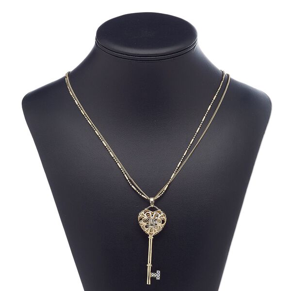 Necklace, 2-strand, glass / gold-finished steel / brass / "pewter" (zinc-based alloy), clear, 69x25mm key, 36 inches with 2-inch extender chain and lobster claw clasp. Sold individually. image number 0