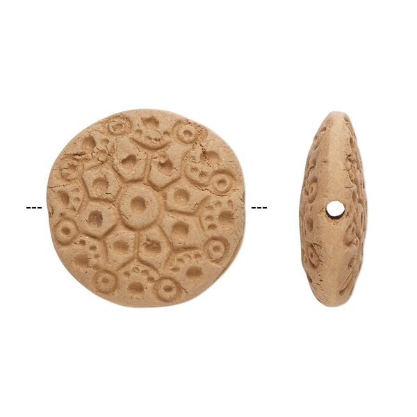 Bead, terra cotta, 22-24mm puffed round with flower design. Sold per pkg of 2. image number 0