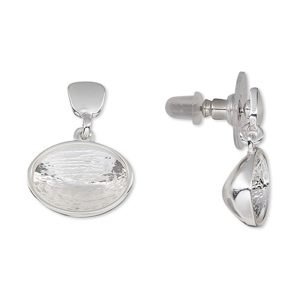 Earstud, Almost Instant Jewelry®, silver-plated brass / steel / "pewter" (zinc-based alloy), 21mm with 14x10mm oval setting. Sold per pair. image number 0